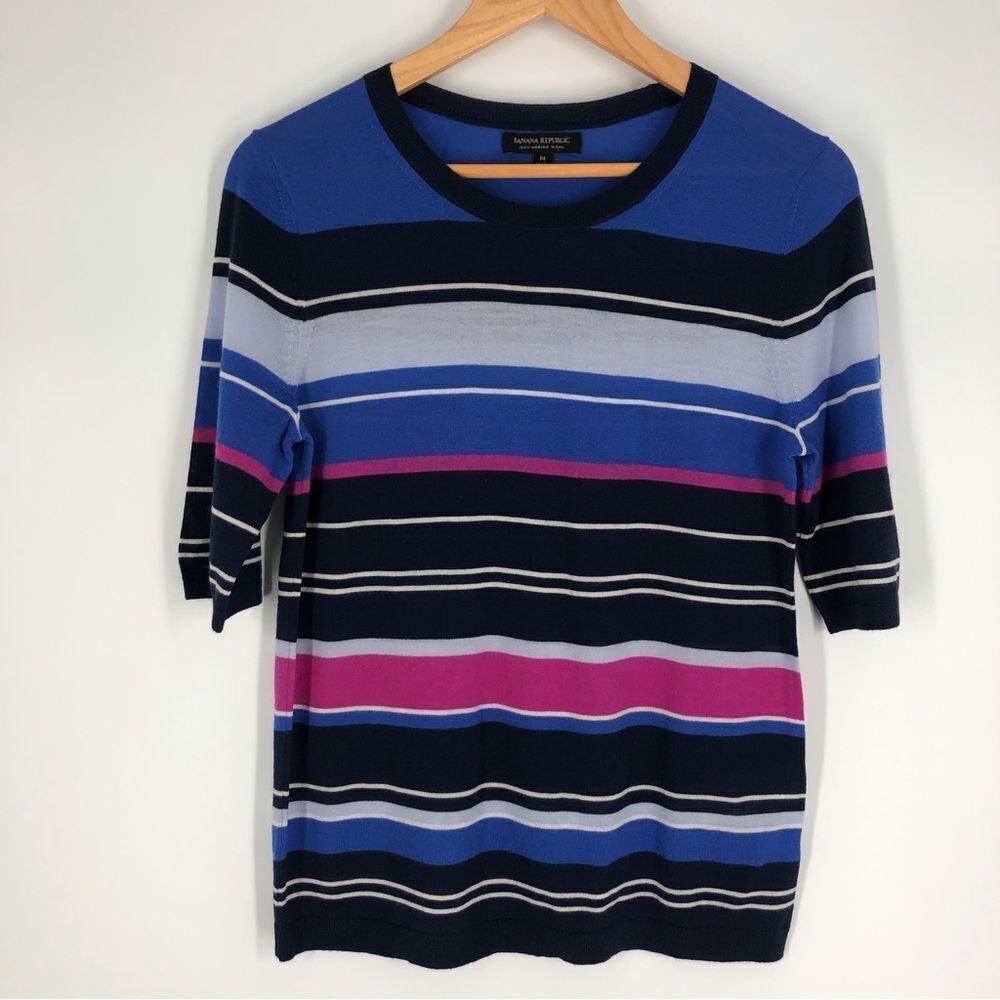 Banana Republic Merino Wool Striped Elbow Sweater Womens Medium‎ Colorful Mature